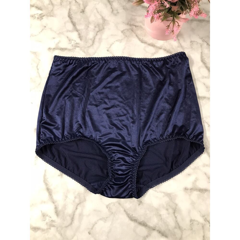 VINTAGE Vanity Fair Shiny Nylon Satin Stretch Panty 10/3XL Dark Blue Trim 40301